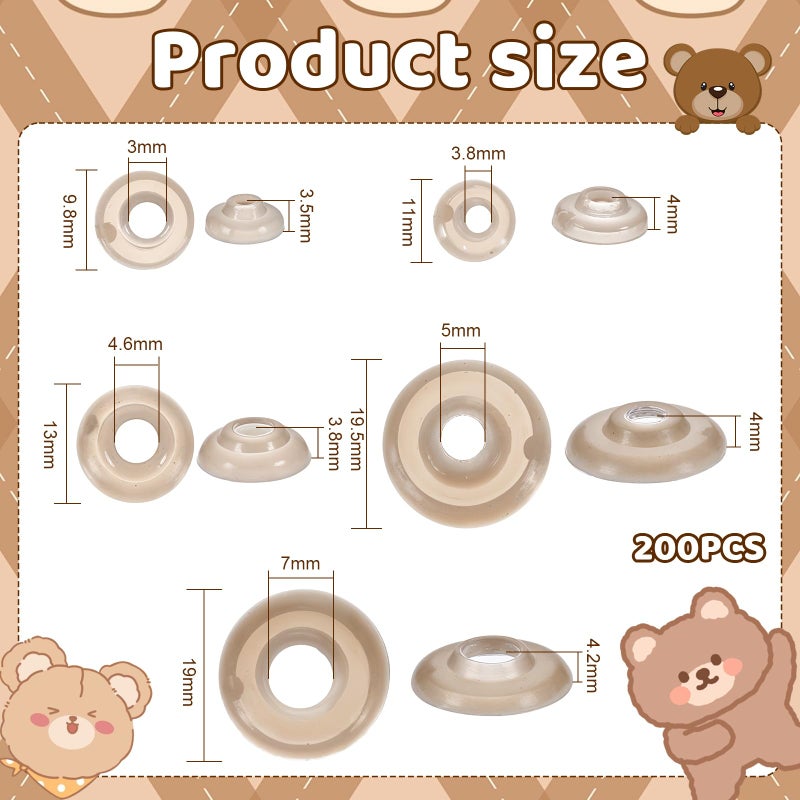 Gtziqa 200 Pcs Safety Eyes Backs, Safety Eyes Washers, 5 Sizes Plastic Craft Washers Tan Color Eye Nose Gaskets Doll Making Accessories for Stuffed Animals, Amigurumi, Plush Toys, Crochet, Puppet - Image 3